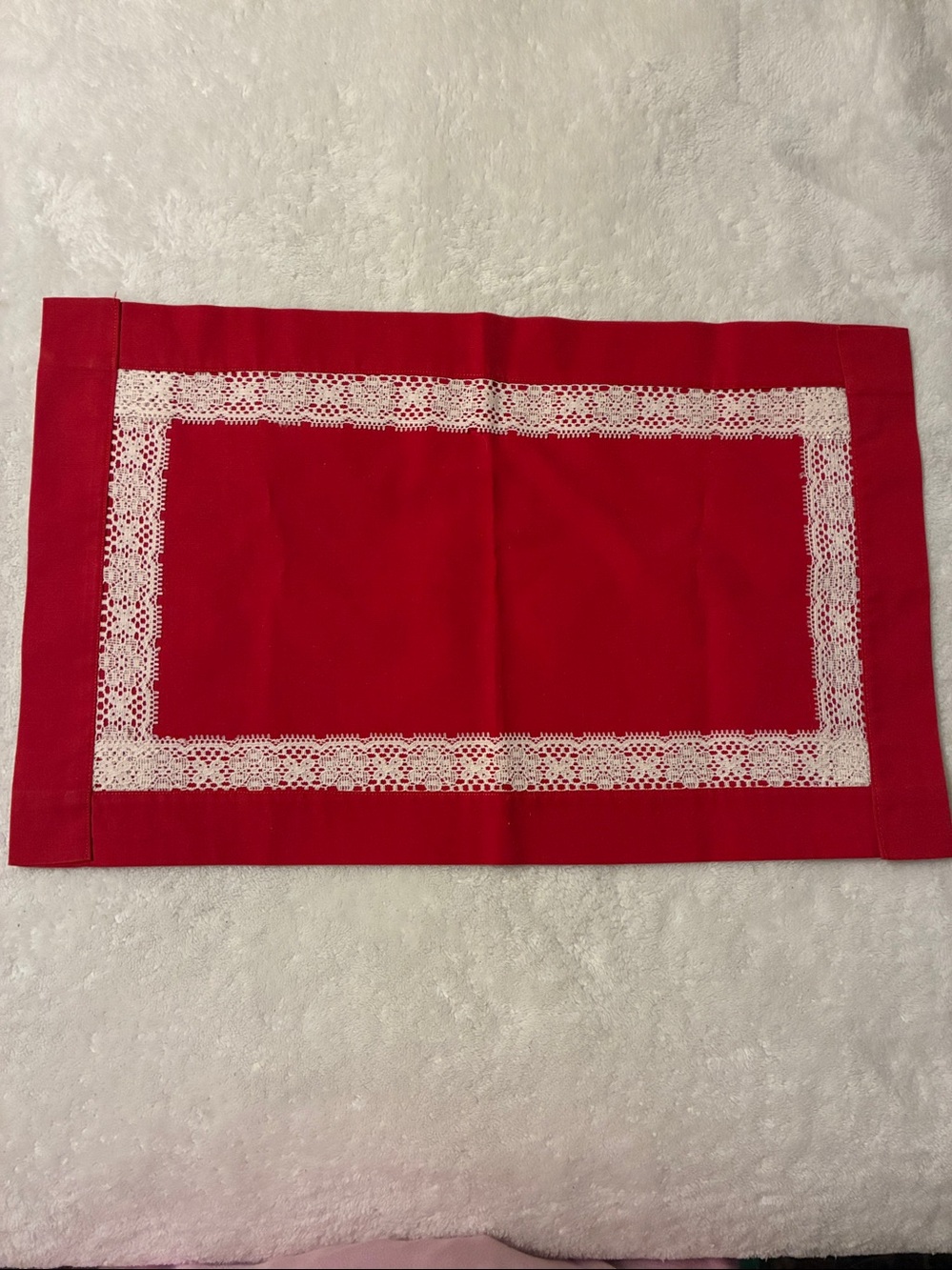 Handmade Vintage Red Placemats with White Lace Inset - Set of 4 Holiday Linens